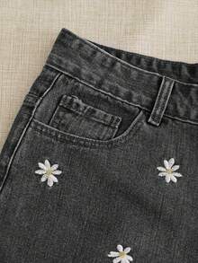 Breezaya Quần short denim nữ dáng rộng, thêu hoa cúc, có túi, kiểu dáng thường ngày. - Xám - Xem 4