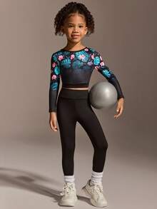 SHEIN Ensemble de survêtement pour jeunes filles, pantalon à manches longues avec motif noir. Tenue de sport ajustée, à la mode, en tissu haute élasticité. Convient pour le cyclisme, le jogging et les jeux de ballon en extérieur. - Noir - Voir 5