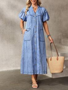 Breezaya Vestido de mezclilla holgado con cuello con muesca, mangas abultadas, bolsillo con abertura y botones, para uso casual y diario, verano - Azul - Ver 2