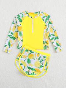 SHEIN 少女柠檬印花夏季沙滩泳装套装 - 黃色 - 查看 6