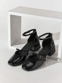 SHUZIA Women's Elegant Square Toe Block Heel Ankle Strap Pumps - Black - View 1