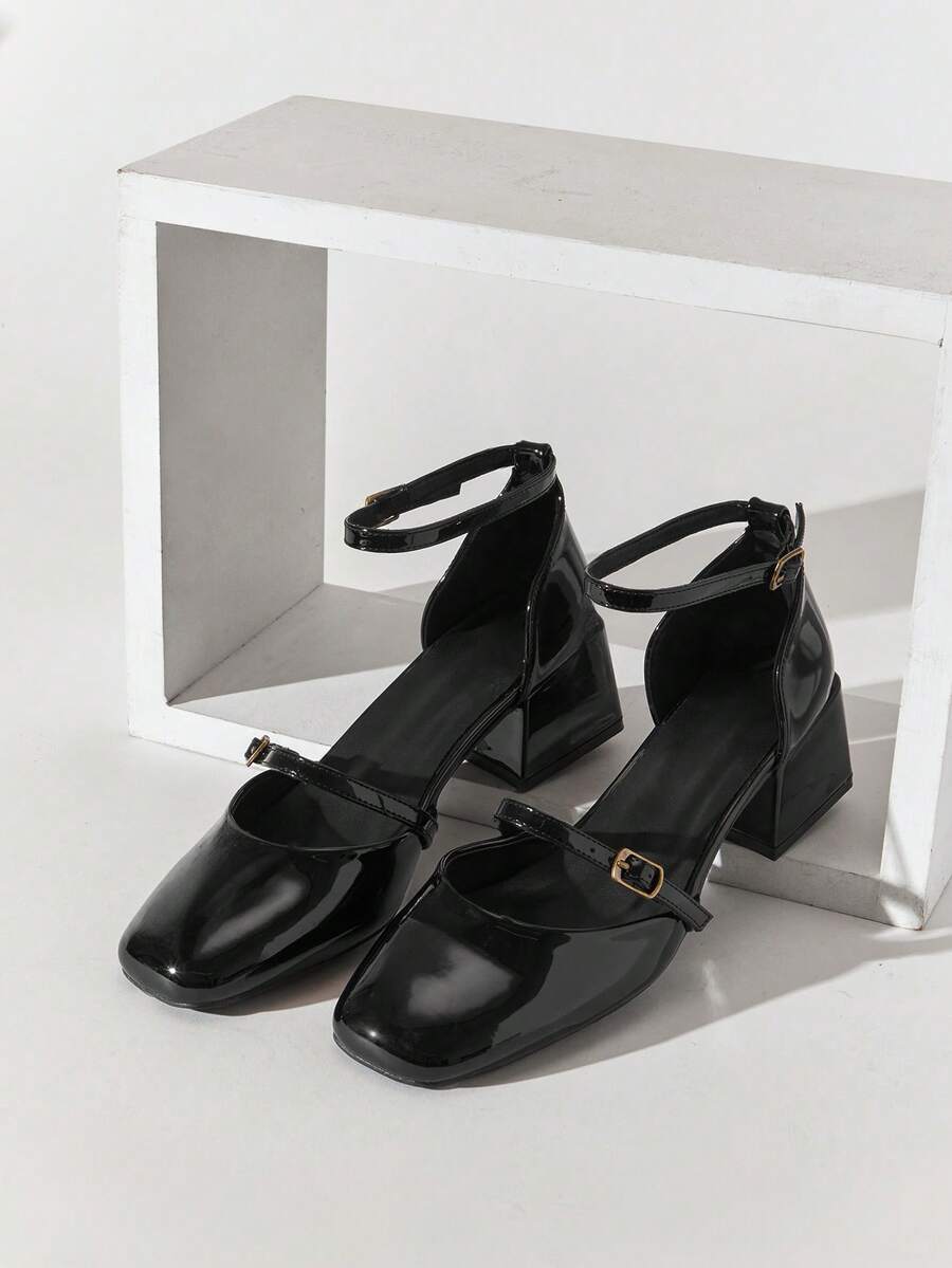 SHUZIA Women's Elegant Square Toe Block Heel Ankle Strap Pumps - Black - View 1