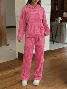 Mujer conjunto casual afelpado suave holgado con capucha manga larga otoño‑invierno para casa dos piezas,Conjuntos de dos piezas para mujer - Rosa - Ver 2