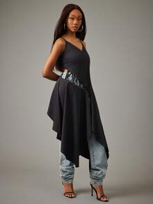 NYA SZN Pierre Skirt Denim High Waisted Rise Ruffle Detail Dark Wash Asymmetrical Fitted Bodycon Blue Festive Holiday Spring Break Easter Valentine's Day Winter Spring Summer Casual Everyday Streetwear Luxury Midi Length Outfits For Women - Black - View 7