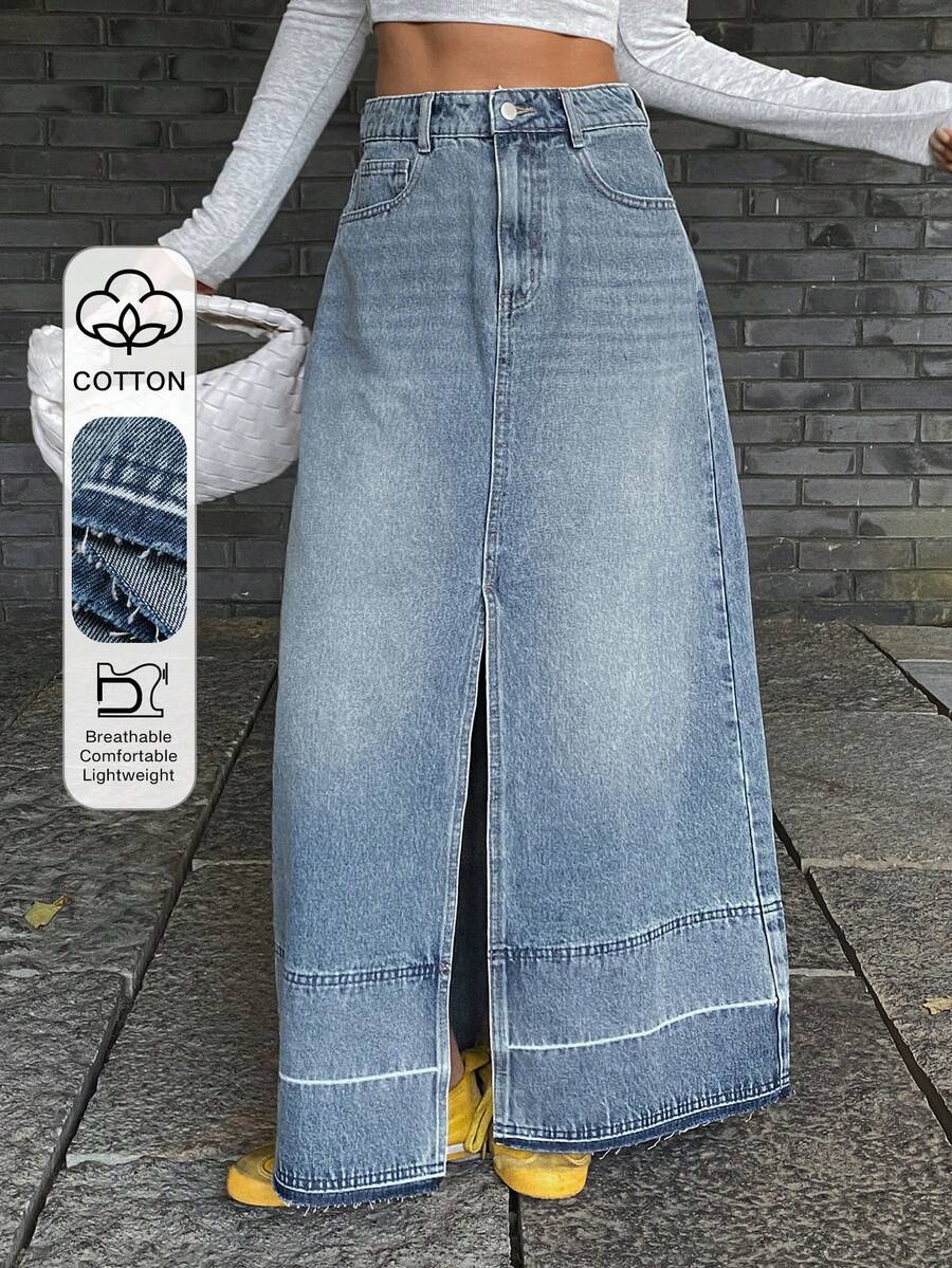 DAZY Women's Frayed Hem Slit Long Casual Denim Skirt Y2k - Medium Wash - View 1