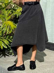 Livesso 宽松休闲度假复古水洗时尚不对称下摆拼接轻薄户外女式牛仔迷你裙，春夏款 - 深灰色 - 查看 5