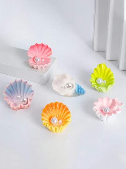 6颗/1个海洋珍珠彩色贝壳装饰品 | 树脂配件，奶油胶饰品，创意发夹，适用于房间装饰、微景观、桌面摆件，适用于各种房间类型和节日