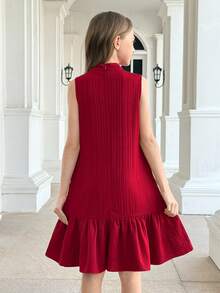 SHEIN Serisse Kids Girls Textured Fabric Beaded Bow Decor Mandarin Collar Sleeveless A-Line Dress, Tween Girl - Burgundy - View 11