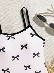 SHEIN Tween Girl Bow Tie Print One-Piece Swimsuit, Summer Beach Vacation One Piece Swimsuit Bow Bathing Suit Swimsuit With Bows Bow Print Swimsuit Kids Bathing Suit White Bathing Suit White One Piece Swimsuit Bodysuit For Teen Girl 13 Year Old Girl Swimsuit Girl Swimwear Swimwear For Girls 8 Tweens Swimsuit Bows Kids Swimsuits Bathing Suits For Girls Girl Swimsuits Kids One Piece Swimsuit Tween One Piece Suit - Black and White - View 3