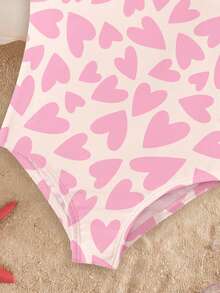 SHEIN Cream Ruffle & Glitter Pink, Cute Heart Toast Texture Print, Baby Girls Casual Minimalist Fitted One-Piece Swimsuit, Suitable For Summer - Multicolor - View 5