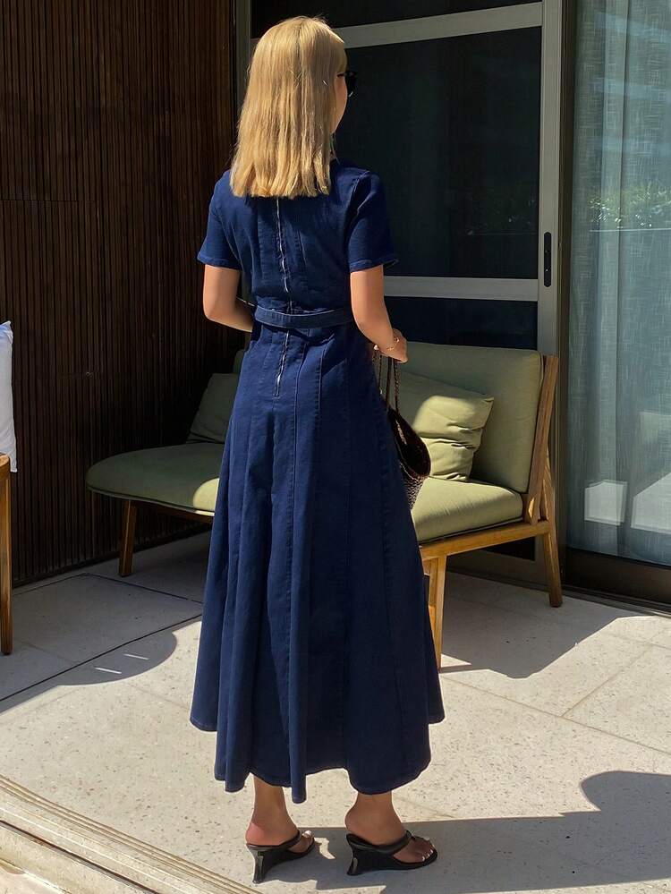 Mid-Length Waist Cinched Retro Goddess Style A-Line Denim Dress For Women Summer