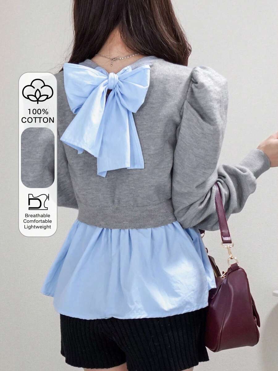 FRIFUL 女士圆领泡泡袖修身下摆拼接梭织毛衣，甜美 - 灰色 - 查看 1