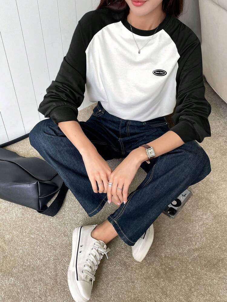 Letter Patched Colorblock Raglan Sleeve Tee,Fall Clothes,Back To School Clothes Long Sleeve Women Tops