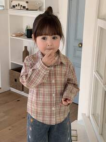 DAZY 女童格子衬衫，长袖休闲卡通领棉质宽松上衣外套 - 粉色 - 查看 5