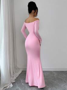 Rafferiza Vestido elegante con hombros descubiertos, vestido rosa, vestido para el Día de San Valentín, vestido con diseño de strass para una cita - Rosa - Ver 2