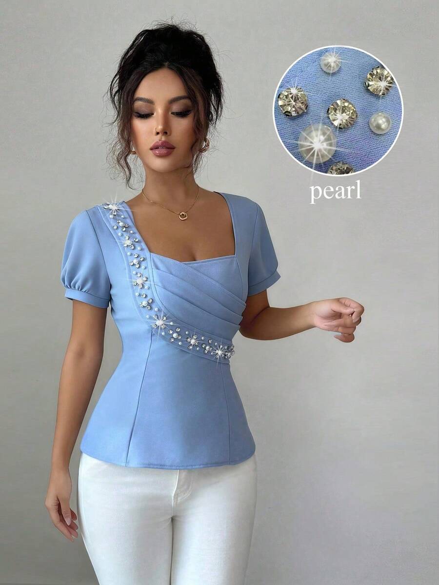 SHEIN Elenzya 不对称褶皱腰身珍珠装饰优雅浪漫女式衬衫 - 淺藍色 - 查看 1