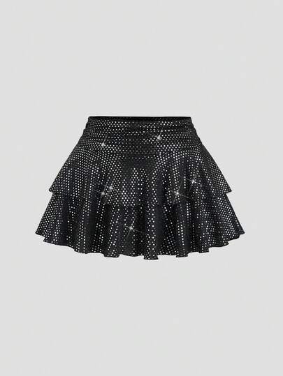 Sweetra 层叠蛋糕裙，系带设计，时尚闪亮性感迷你裙，适合春、夏、秋、冬四季穿着，黑色