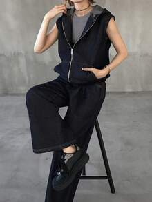 FRIFUL Women's Casual Fashion Street Style Sleeveless Zip-Up Hooded Jacket And Denim Jeans Set, Suitable For Spring, Summer, Autumn - Blue - View 1