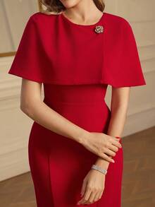 Amorya 女士优雅端庄红色圆领披肩袖中长连衣裙 - 紅色 - 查看 7