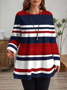 EMERY ROSE Casual Minimalist Colorblock Striped Round Neck Plus Size T-Shirt, Autumn/Winter Patriotic Women Red White And Blue Women Nautical For Women Red White And Blue Top Striped Long Sleeve T-Shirt - Multicolor - View 3