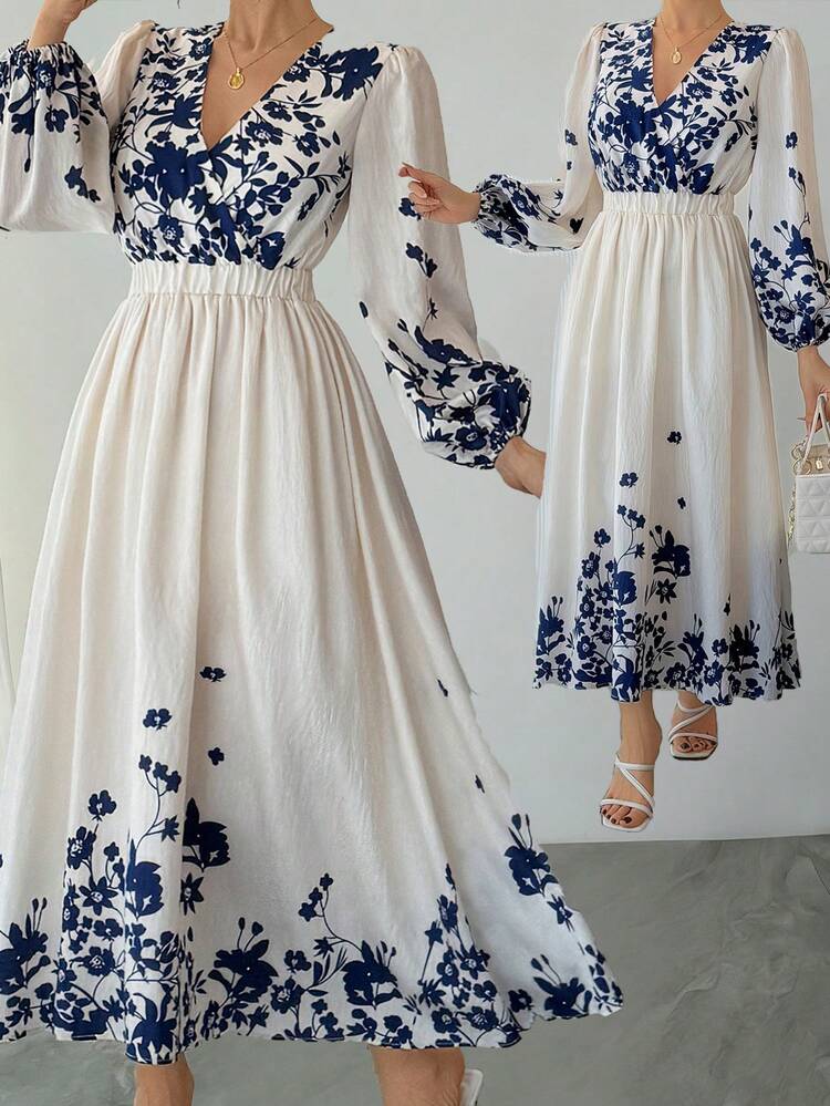 Women's Elegant Floral Print Lantern Sleeve Long Dress Sundress