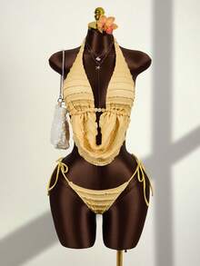 Zestiva 3pcs Women's Swimsuit Set With Beaded Tie Front Halter Bikini Top And High-Waisted Ruffle Skirt, Spring/Summer - Yellow - View 5