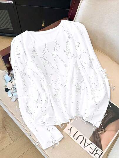 GlowEve CURVE Plus Size Sequin Fringe Long Sleeve Elegant Blouse