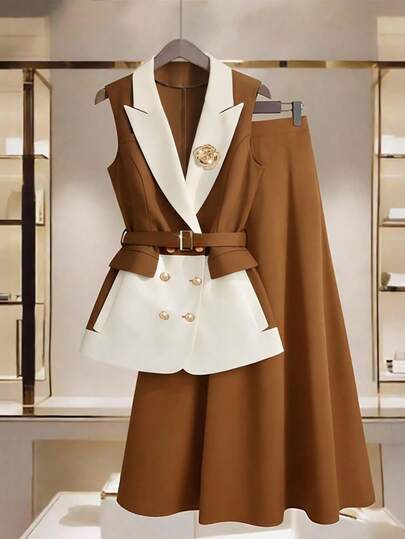 GlowEve CURVE Plus Size Women's Contrast Color Lapel Double-Breasted Vest And Suit Pants Set