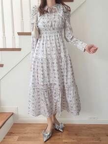 FRIFUL 女士优雅度假风全印花扭领羊腿袖收腰连衣裙 - 白色 - 查看 7