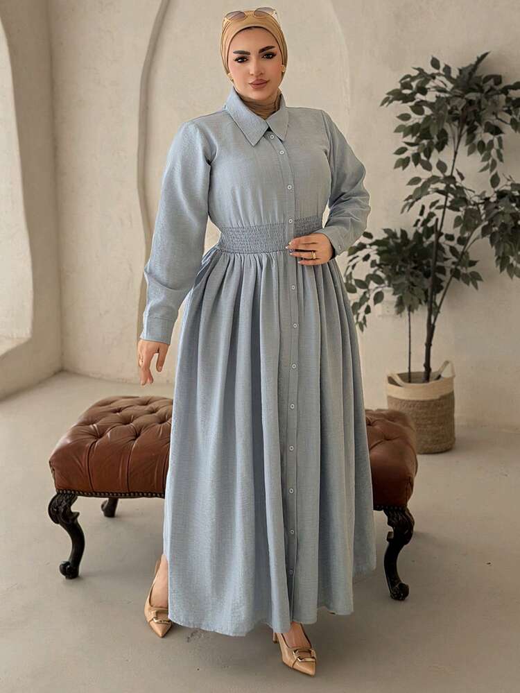 Dazy Plus Plus Size Women's Solid Color Lapel Blue Shirt Dress, Waist Cinched, Slimming, Long, Suitable For Commuting, Spring & Autumn Sundress