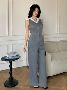 Celisse 女士休闲连体裤，适合办公室、通勤穿着，翻领，无袖，收腰，阔腿设计，适合春、夏、秋季穿着。 - 灰色 - 查看 6