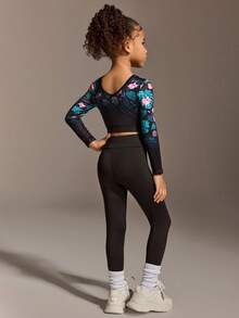 SHEIN Ensemble de survêtement pour jeunes filles, pantalon à manches longues avec motif noir. Tenue de sport ajustée, à la mode, en tissu haute élasticité. Convient pour le cyclisme, le jogging et les jeux de ballon en extérieur. - Noir - Voir 2