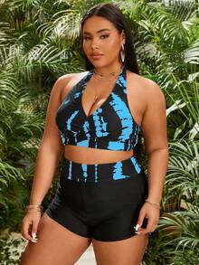 Swim Lushoire Plus Size Women Summer Beach Tie Dye Halter Bikini Set - Baby Blue - View 5
