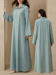 Graceveil 薄荷绿领拉链设计休闲优雅连衣裙，适合外出和约会 - 綠色 - 查看 2