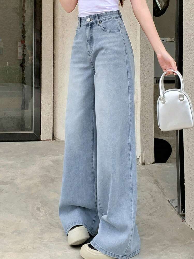 Women's Casual Everyday Washed Slant Pocket Wide Leg Jeans