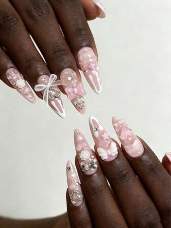 Anime 10 pezzi di unghie finte di alta qualità con elementi decorativi a forma di fiocco, ali, rosa, stella, cuore e corona, stile carino, con 3 pezzi di nastro biadesivo, unghie lunghe a mandorla rimovibili e dolci, adatte per feste, balli e uso quotidiano.