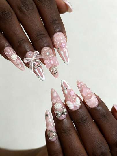 Anime 10 Pieces Of Cute Style Bow Wings Rose Star Love Crown Elements High Quality Handmade Fake Nails + 3 Pieces Of Double-Sided Tape, Sweet French Removable Long Almond-Shaped Wearing Armor, Suitable For Holiday Parties, Proms And Daily Wear.