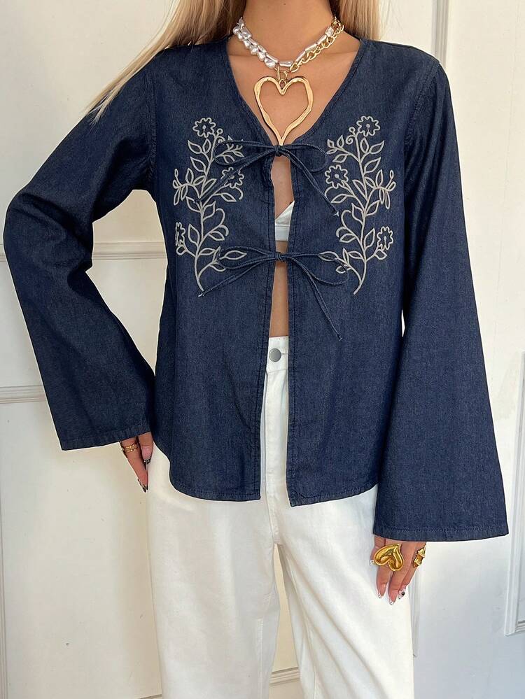 Women's V-Neck Tie Front Loose Denim Blouse With Floral Embroidery, Elegant Vacation