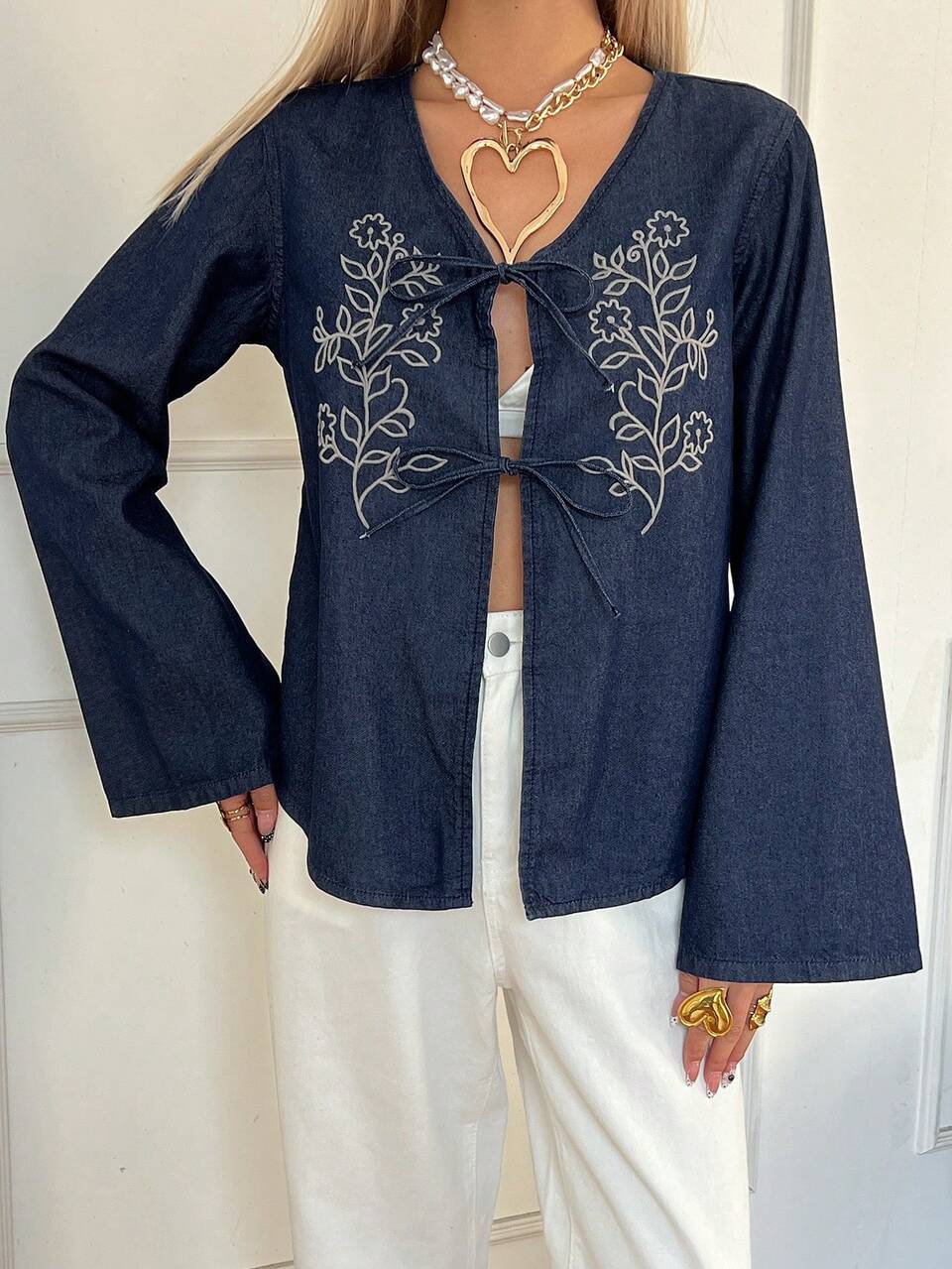 Women's V-Neck Tie Front Loose Denim Blouse With Floral Embroidery, Elegant Vacation