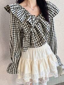 FRIFUL 女士格子棉质多层领荷叶边袖口宽松休闲百搭衬衫 - 黑色 - 查看 4