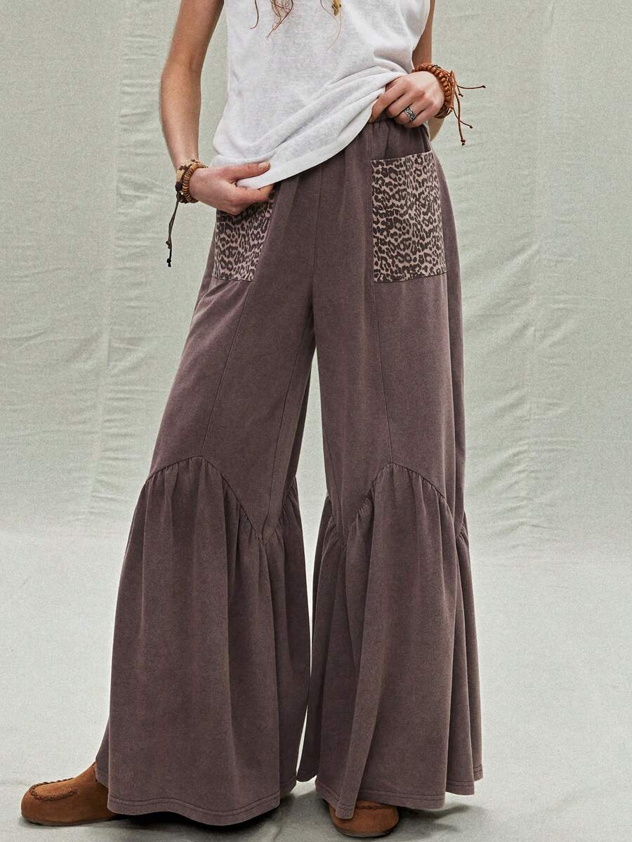 SoleilVie 女士做旧豹纹拼接喇叭裤 - 棕色 - 查看 1