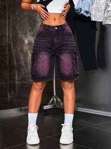 SHEIN PETITE Women's Casual Versatile Commuting Denim Shorts With Pockets And Buttons - Black - View 6