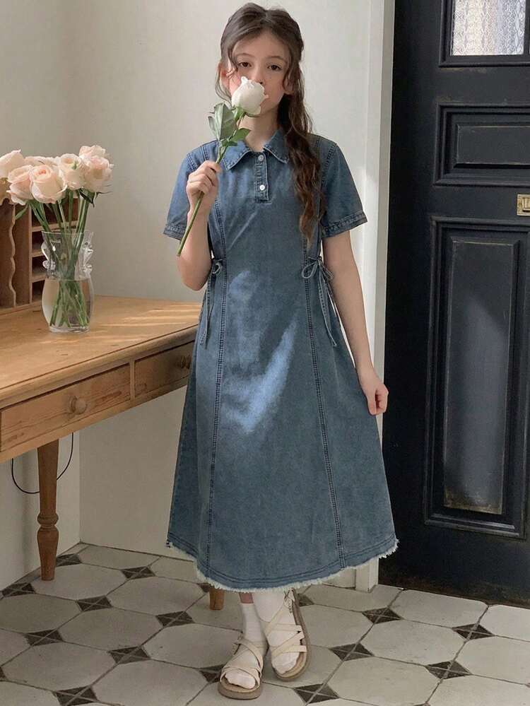 Tween Girls Denim Collared Short Sleeve Dress Summer