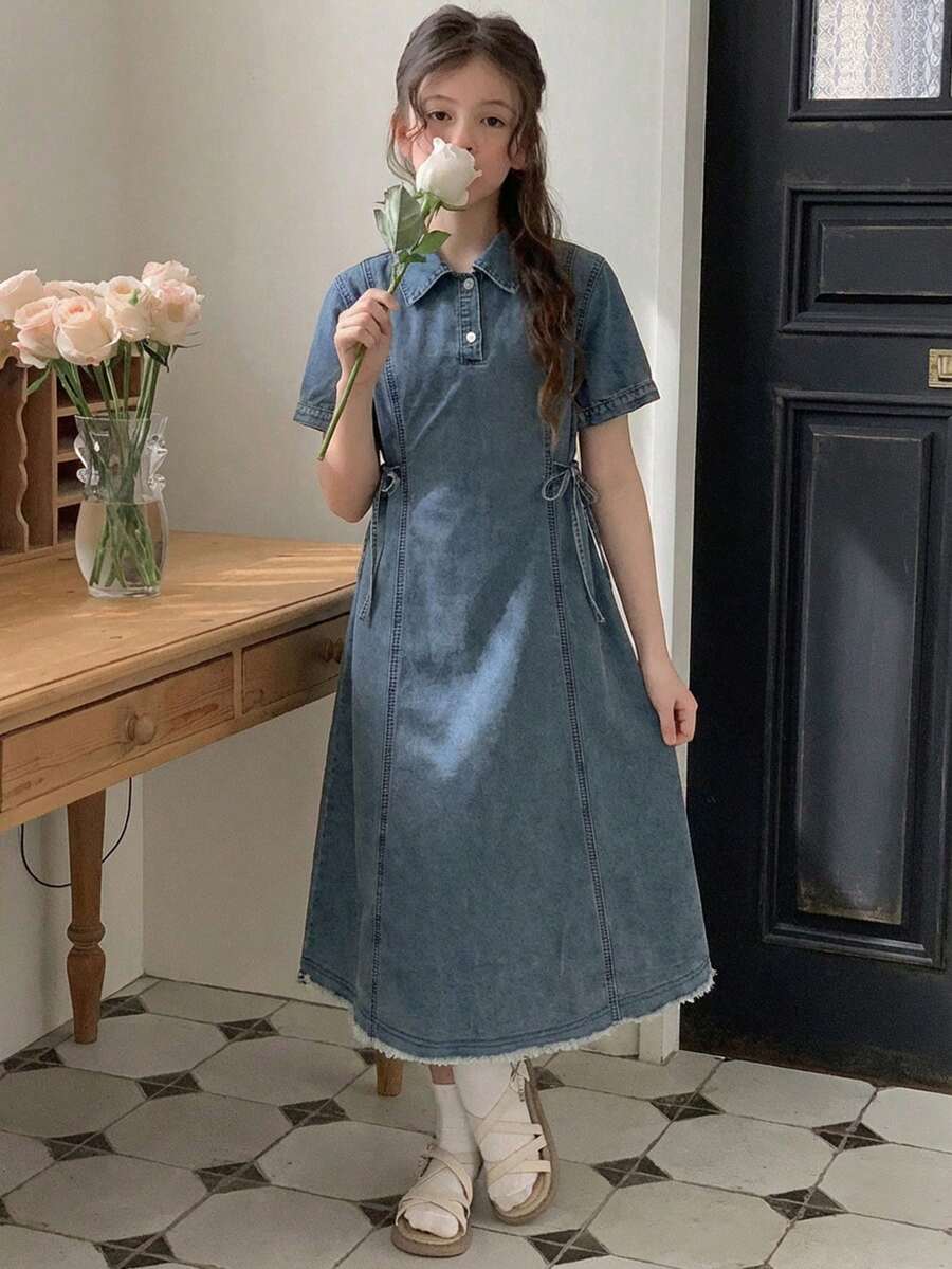 DAZY 女童牛仔翻领短袖连衣裙 - 藍色 - 查看 1