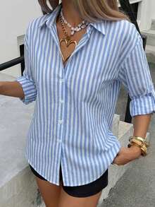 DAZY 女士撞色条纹宽松长袖翻领休闲衬衫，春夏款 - 藍色 - 查看 4
