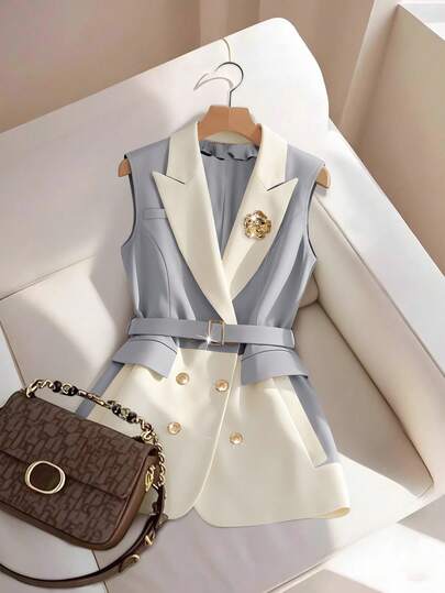 GlowEve CURVE Blazer sin mangas de doble botonadura de color contrastante elegante y minimalista para mujer de talla grande