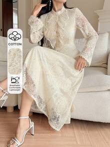 DAZY 女士优雅蕾丝领荷叶边长裙，春夏款