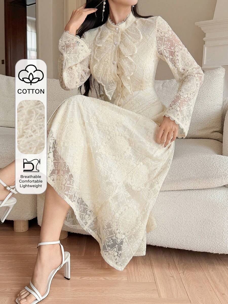 DAZY 女士优雅蕾丝领荷叶边长裙，春夏款