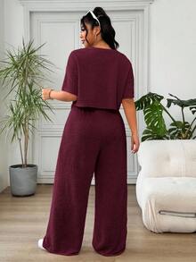 Solflare Bộ đồ nữ cỡ lớn màu trơn cổ tròn tay ngắn và quần ống rộng cạp chun, kiểu dáng thường ngày, gồm 2 món. - Màu hồng gỉ - Xem 2