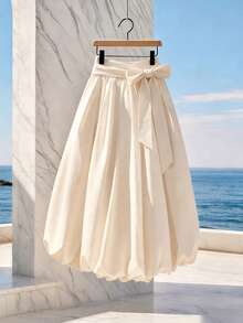 GlowEve High Waist Bowknot Tie Loose Long Floral Skirt, Flowy Fabric - Apricot - View 1